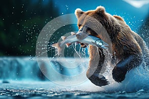 bear is swimming in river with a fish in its mouth