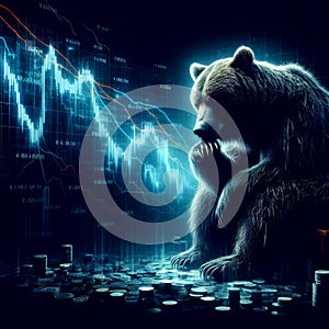 Bear thinking while sitting next to a small pile of money