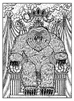 Bear on throne. Black and white mystic concept for Lenormand oracle tarot card