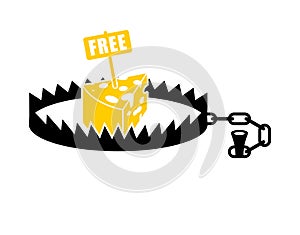 Bear trap and free cheese. Metal animal mantrap. vector illustration