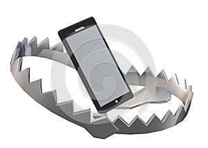 A bear trap with a smartphone as the bait against a white backdrop