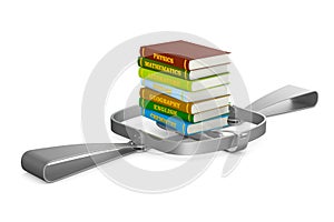 Bear trap and stack of hardcover text books on white background. Isolated 3D illustration