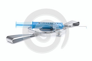 Bear trap and syringe on white background. Isolated 3D illustration