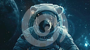 A bear travels through space like an astronaut