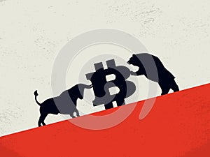 Bear vs bull on bitcoin cryptocurrency market vector concept. Symol of investment, buy, sell strategy, profit and loss.
