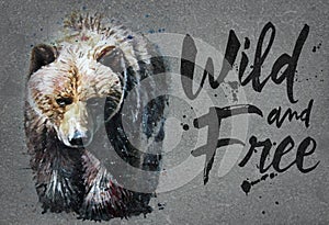 Bear watercolor painting with background, predator animals wildlife, wild and free wildlife print for t-shirt