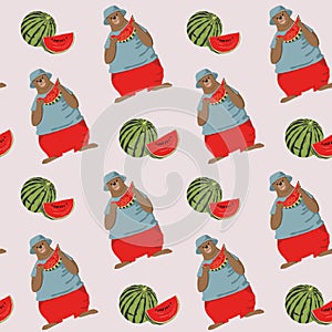 bear and watermelon seamless pattern, vector illustration, summer clipart