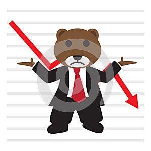 The bear wear business suit in front of bearish stock market graph