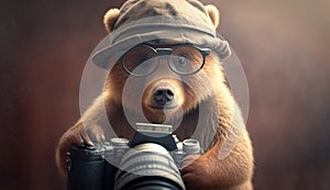 A bear wearing glasses holding a camera poses for a photo. Generative AI