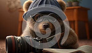 A bear wearing glasses holding a camera poses for a photo. generative ai.
