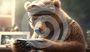 A bear wearing glasses holding a camera poses for a photo. Generative AI