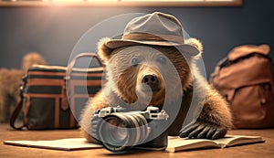 A bear wearing glasses holding a camera poses for a photo. Generative AI