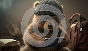 A bear wearing glasses holding a camera poses for a photo. Generative AI