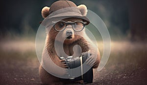 A bear wearing glasses holding a camera poses for a photo. Generative AI