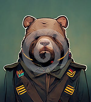 Bear is wearing military uniform. soldier bear character. Army theme art