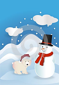 Bear wearing red hat with snowman wearing red bandana and black