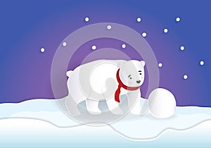 Bear wearing red scarf playing snowball with blue background while snow falling.