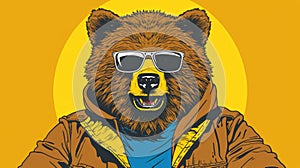 A bear wearing sunglasses and a jacket is smiling