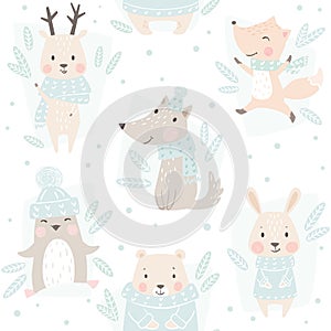 Bear, wolf, reindeer, hare, fox, penguin baby winter seamless pattern. Cute animal Christmas background.