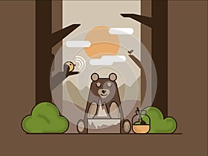 Bear in the woods sitting makes a hill next to a jar of honey and a singing bird on a tree branch.