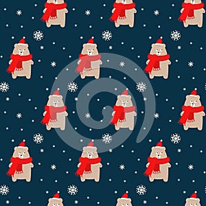 Bear in xmas hat and scarf with snowflakes seamless pattern on blue background.