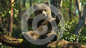A bear with a Zenlike expression balancing on one paw while the other rests on its forehead in a comical tree pose photo