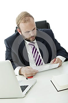 Beard business man sign contract at desk