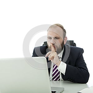 Beard business man sign quiet to person in laptop