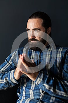 Beard handsome man concentration, chill portrait. Think