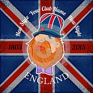 Beard head of englishman in hat with britidh flag background