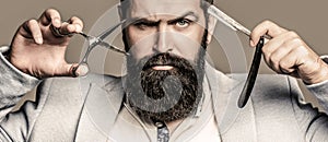 Beard man, bearded male. Portrait beard man. Barber scissors and straight razor, barber shop, suit