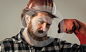 Beard man. brutal mature hipster wear checkered shirt. labor day. building and repairing