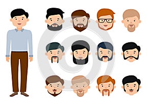 Beard man character creation set. Flat style illustration.