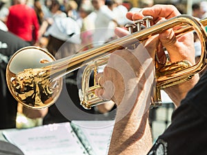 Beard Man Playng Brass Lacquered Trumpet