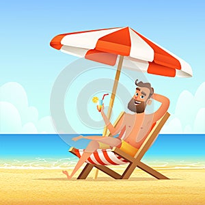 Beard man sitting on a sunbed on the beach. Happy smiling male relaxing on a chaise-longue and drink cocktail. Vector cartoon illu