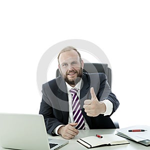 Beard man thumb up at desk