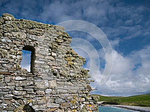 With beard moss lichen, the gable end wall at St Olaf`s Church at Lunda Wick, Unst, Shetland, UK