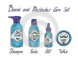 Beard and mustaches care blue set, shampoo, tonic, oil and wax with inscription, hand drawn doodle sketch, isolated vector