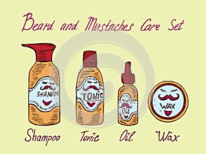 Beard and mustaches care orange set, shampoo, tonic, oil and wax with inscription, hand drawn doodle sketch, isolated vector