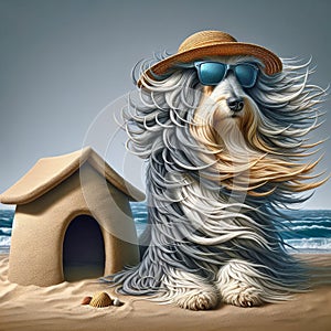 Bearde Collie With Sandcastle Doghouse