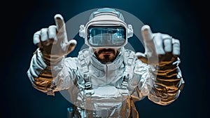 Astronaut in VR Headset Interacting with Futuristic Interface Virtual Reality Space Exploration AI generated.