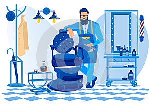 Bearded Barber Wearing Apron with Haircut Tools