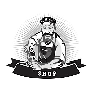 Bearded Barista Man Making Coffee Latte Art Cafe Logo Design Template