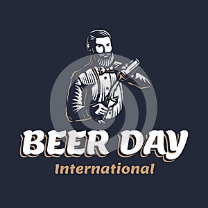 Bearded barmen with a shaker to International Beer Day. Vector illustration of barkeeper or bartender character silhouette at work
