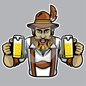 Bearded bavarian man holding a couple of beer pint glass