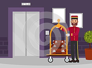 Bearded Bellman as Hotel Staff with Trolley Carrying Luggage Standing at Elevator Vector Illustration