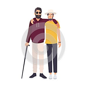 Bearded blind man with sunglasses and cane standing and embracing with his friend. Male character with blindness, visual photo