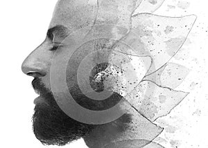 A bearded bold man with closed eyes profile portrait flower petal paintography