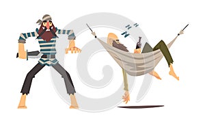 Bearded Brutal Man Pirate or Buccaneer Character Attacking with Knife and Sleeping in Hammock with Alcohol Bottle Vector