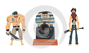 Bearded Brutal Man Pirate or Buccaneer Character Standing and Smiling with Cannon and Rifle Vector Set